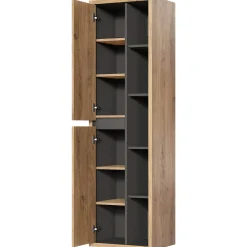 Mobile bagno sospeso 100cm con lavabo, mobile specchio e colonna rovere antracite Veny