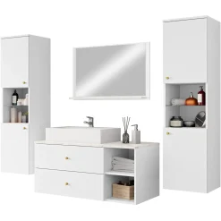 Mobile bagno sospeso 100cm con lavabo, specchio e 2 colonne bianco Krom