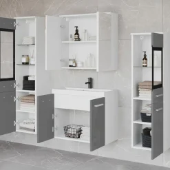 Mobile bagno sospeso 60cm con lavabo, specchio e 2 colonne grigio lucido bianco Luz