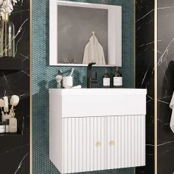Mobile bagno sospeso 60cm con specchio serigrafato bianco Ischia 5