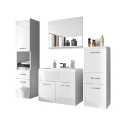 Mobile bagno sospeso 60cm con lavabo, specchio e colonne bianco lucido Loretta