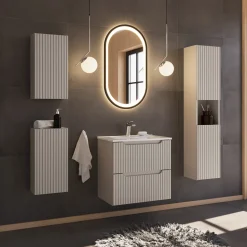 Mobile bagno sospeso 60cm cannettato con lavabo 2 cassetti beige Cleany