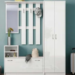 Mobile ingresso 155x190h cm appendiabiti scarpiera con specchio bianco lucido Atlanta