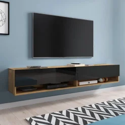 Mobile porta TV sospeso 180x30h cm 2 ante rovere nero Gregoria