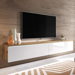 Mobile porta TV sospeso 180x30h cm con LED design bianco lucido rovere Silvia