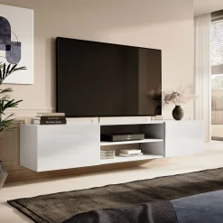 Mobile porta tv sospeso 200x37h cm 2 ante 2 vani a giorno  bianco lucido Southampton