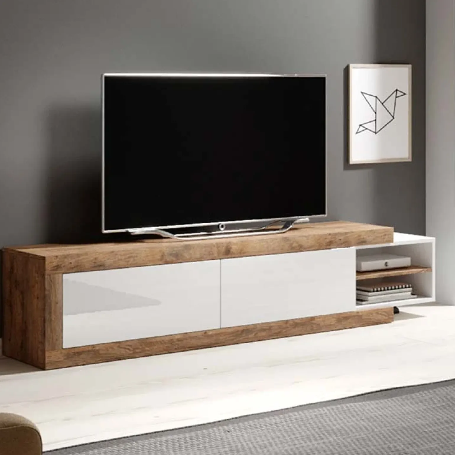 Mobile porta TV 200/242x 44h cm 2 ante moderno estraibile  bianco lucido rovere Aria
