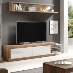 Mobile porta TV 200/242x 44h cm 2 ante moderno estraibile  bianco lucido rovere Aria