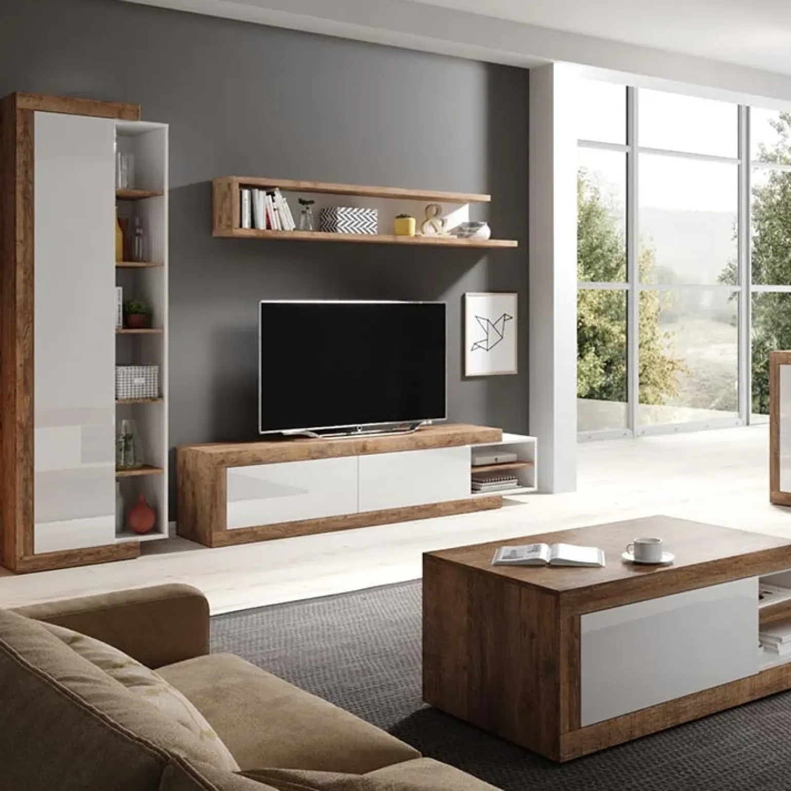 Mobile porta TV 200/242x 44h cm 2 ante moderno estraibile  bianco lucido rovere Aria