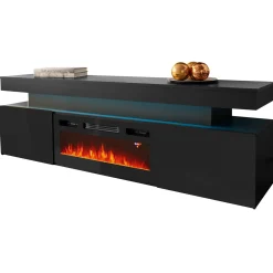 Mobile porta TV 190x59h cm 2 ante con caminetto con LED nero Lumus
