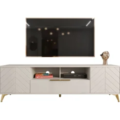 Mobile porta TV 204x60h cm 2 ante 2 cassetti 2 vani a giorno beige con frontali serigrafati  Miriam