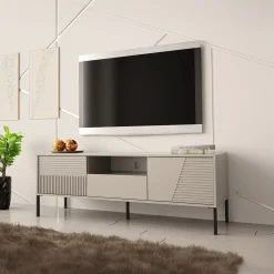 Mobile porta tv 155x54h cm 2 ante 1 cassetto cannettato beige Diana