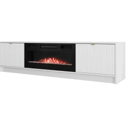 Mobile porta TV 182x48h cm 2 ante con caminetto  bianco cannettato nero Athena