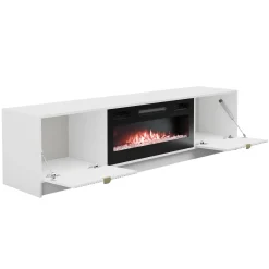 Mobile porta TV 182x48h cm 2 ante con caminetto  bianco cannettato nero Athena