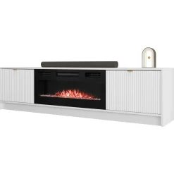 Mobile porta TV 182x48h cm 2 ante con caminetto  bianco cannettato nero Athena