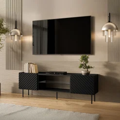 Mobile porta TV 181x59h cm 2 ante 2 vani con frontali decorati nero Daniele