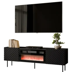 Mobile porta TV 181x59h cm 2 ante con caminetto con frontali decorati nero Daniele