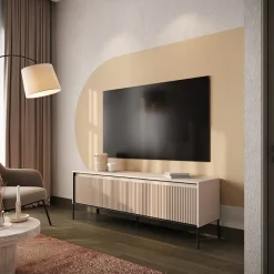 Mobile porta TV 193x56h cm 4 ante led cannettato beige nero Camelia