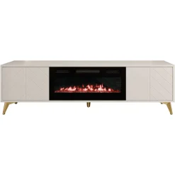 Mobile porta TV 184x53h cm 2 ante con caminetto frontali serigrafati beige nero Miriam