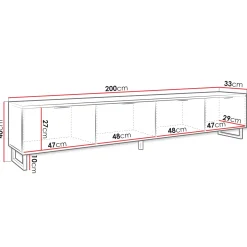 Mobile porta tv 200x40h cm 4 ante cannettato moderno nero grafite Tiziana