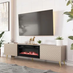 Mobile porta TV 197x52h cm 2 ante con caminetto frontali decorati beige nero Simona