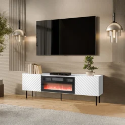 Mobile porta TV 181x59h cm 2 ante con caminetto con frontali decorati bianco Daniele