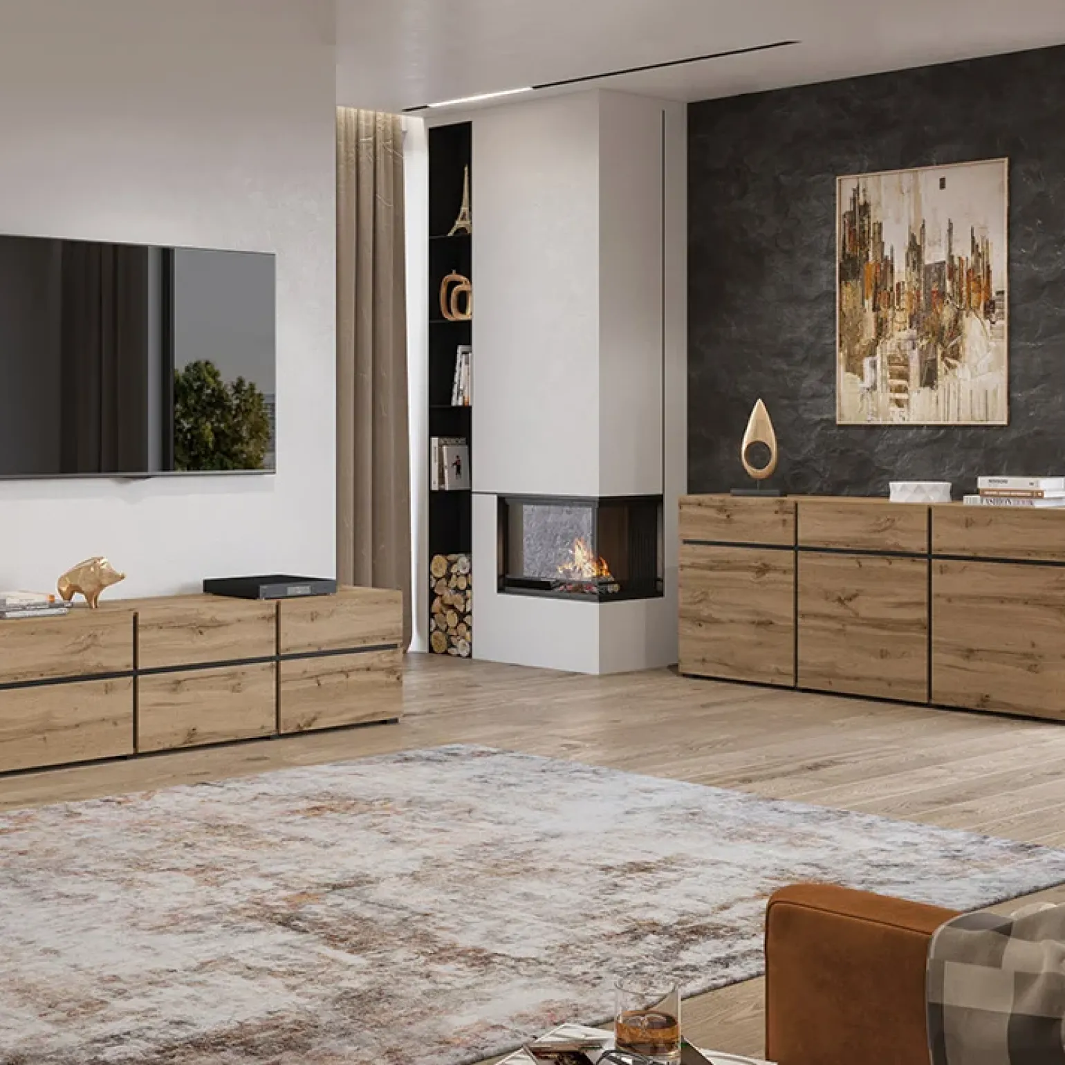 Mobile porta TV 225x48h cm 4 ante a ribalta 4 cassetti moderno rovere nero Lolla