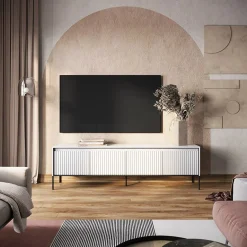 Mobile porta TV 193x56h cm 4 ante led cannettato bianco opaco nero Camelia