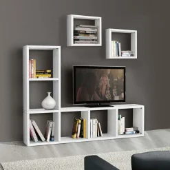 Mobile porta tv 175x132h cm con libreria bianco frassinato Kubic 02