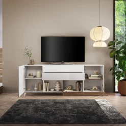 Mobile porta tv 241x94h cm moderna bianco lucido rovere scuro Witty