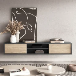Mobile TV soggiorno sospeso 180x32h cm 2 ante a ribalta 2 vani  rovere grigio Glem