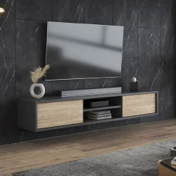 Mobile TV soggiorno sospeso 180x32h cm 2 ante a ribalta 2 vani  rovere grigio Glem