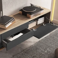Mobile TV soggiorno sospeso 180x32h cm 2 ante a ribalta 2 cassetti  antracite rovere Glem