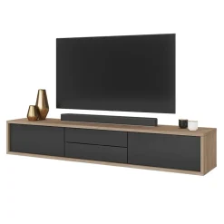 Mobile TV soggiorno sospeso 180x32h cm 2 ante a ribalta 2 cassetti  antracite rovere Glem