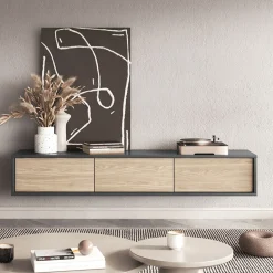 Mobile TV soggiorno sospeso 180x32h cm 3 ante a ribalta rovere grigio Glem