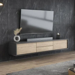 Mobile TV soggiorno sospeso 180x32h cm 2 ante a ribalta 2 cassetti  rovere grigio Glem