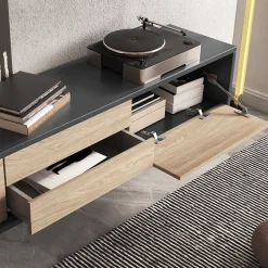 Mobile TV soggiorno sospeso 180x32h cm 2 ante a ribalta 2 cassetti  rovere grigio Glem