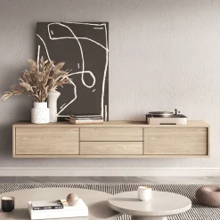 Mobile TV soggiorno sospeso 180x32h cm 2 ante a ribalta 2 cassetti  rovere Glem