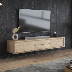 Mobile TV soggiorno sospeso 180x32h cm 2 ante a ribalta 2 cassetti  rovere Glem