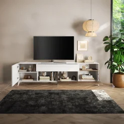 Mobile TV 241x67h cm 2 ante 1 cassetto bianco lucido rovere scuro Witty