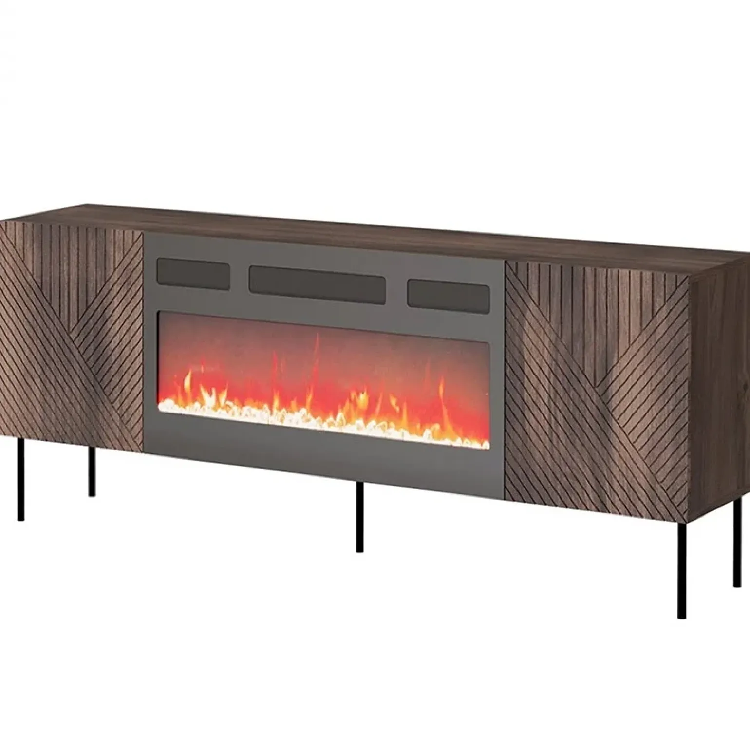 Mobile TV 191x68h cm con caminetto noce scuro con frontali serigrafati Savanna