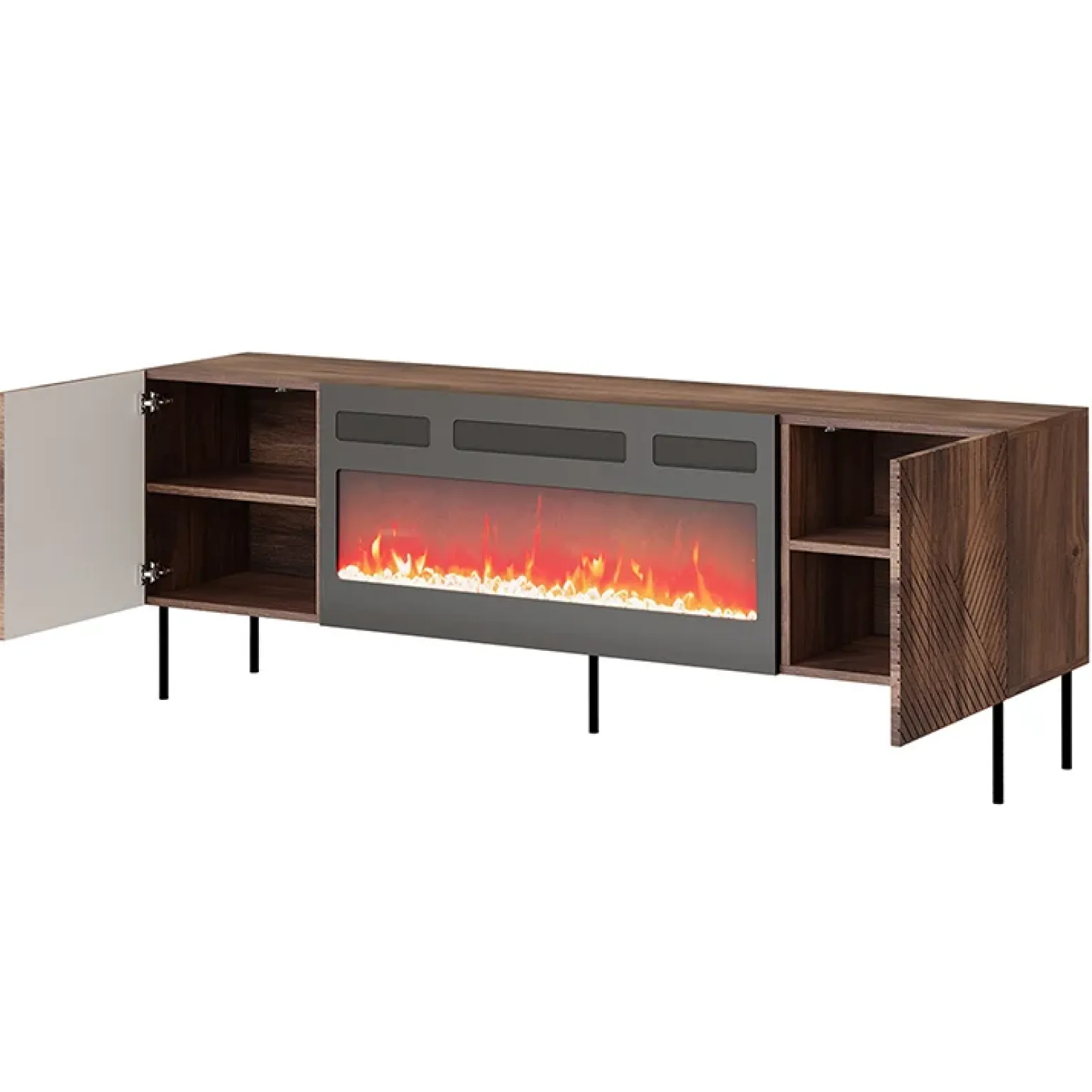 Mobile TV 191x68h cm con caminetto noce scuro con frontali serigrafati Savanna