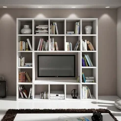 Parete attrezzata libreria 218x218h cm componibile moderna soggiorno bianco frassinato Kubic 01