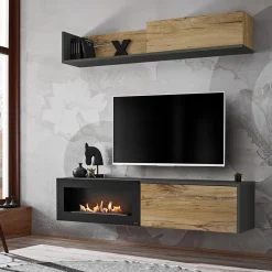 Parete attrezzata sospesa 180x150h cm con caminetto bioetanolo rovere antico antracite Botticelli