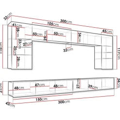 Parete attrezzata sospesa 300x185h cm porta tv con vetrine bianco lucido Mons