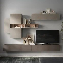 Parete attrezzata sospesa 276x190h cm moderna marrone tortora rovere Sunset 44