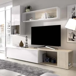 Parete attrezzata 180x220h cm angolare moderna rovere bianco lucido Flip