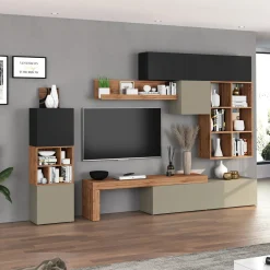 Parete attrezzata 350x200h cm antracite tortora rovere Block 3