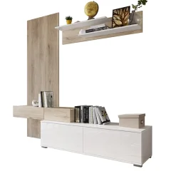 Parete attrezzata 205x200h cm bianco lucido con pannello cannettato rovere Rovella