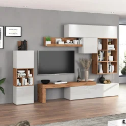 Parete attrezzata 350x200h cm bianco lucido rovere Block 3